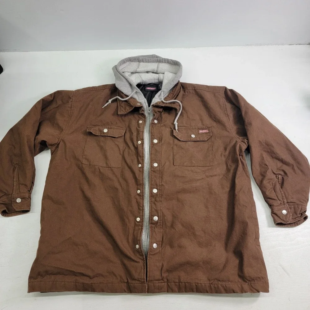 Dickies Men's Brown Quilt Lined Fleece Hooded Utility Canvas Work Jacket Size XL